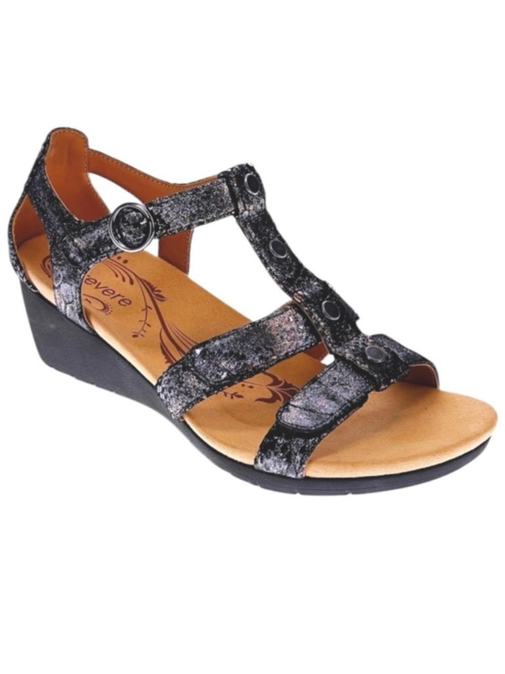 Revere Comfort Shoes Nassau T Strap
Wedge Sandal Black Metallic Python